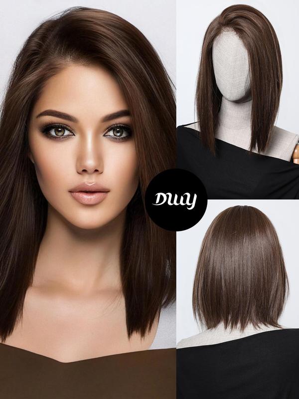 14 Inch Brown Straight Lace Front Wigs for Women, Fluffy Shoulder Length Wigs without Bangs, Heat Resistant Synthetic Lace Front Wigs for Party, Daily Use, with Comb & Fastening Strap & Wig Cap, 2024 Fall Hairstyles Glueless