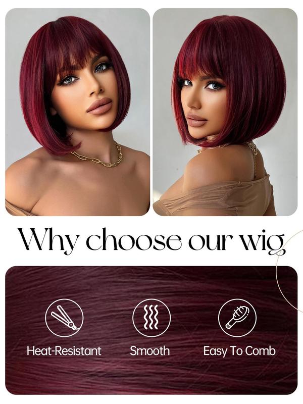 12 Inch Burgundy Glueless Short Straight Bob Wigs for Women, Gorgeous Heat Resistant Wigs with Bangs, Synthetic Wigs for Party, Daily Use,  Fall Hair Trends 2024