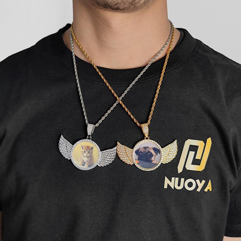 PAG&MAG Hip hop memory Angel Wings Round Photo pendant Copper inset zircon DIY creative picture frame necklace jewelry synthetic