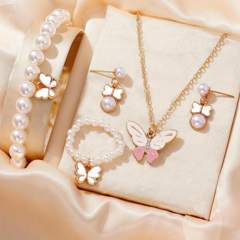 A Set of Lovely Pearl Butterfly Fashion Necklace Earrings Pearl Bracelet Ring Suit, Suitable for Girls