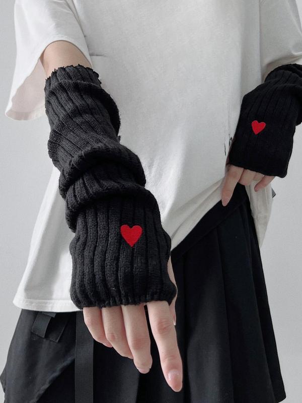 1 Pair Women's Cute Heart Embroidery Gloves, Fashionable Casual Trendy Y2k Knitting Arm Warmers, Fashionable Accessories for Daily Wear