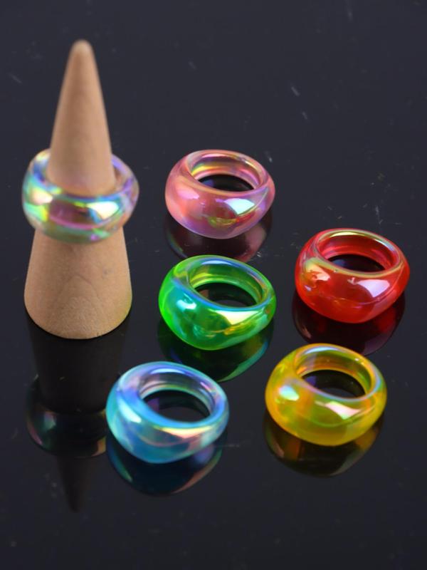 6pcs set Mixed Color Cute Synthetic Resin Stackable Ring, Fashion All-match Accessories for Women & Girls, Daily Clothing Decor for Party, Gift