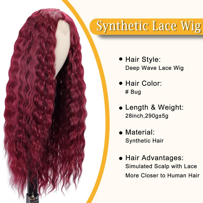 28 Inch Burgundy Deep Wave T-Part Lace Red Wig Synthetic Hair for Women Fake Scalp Natural Crimps Curls Wigs