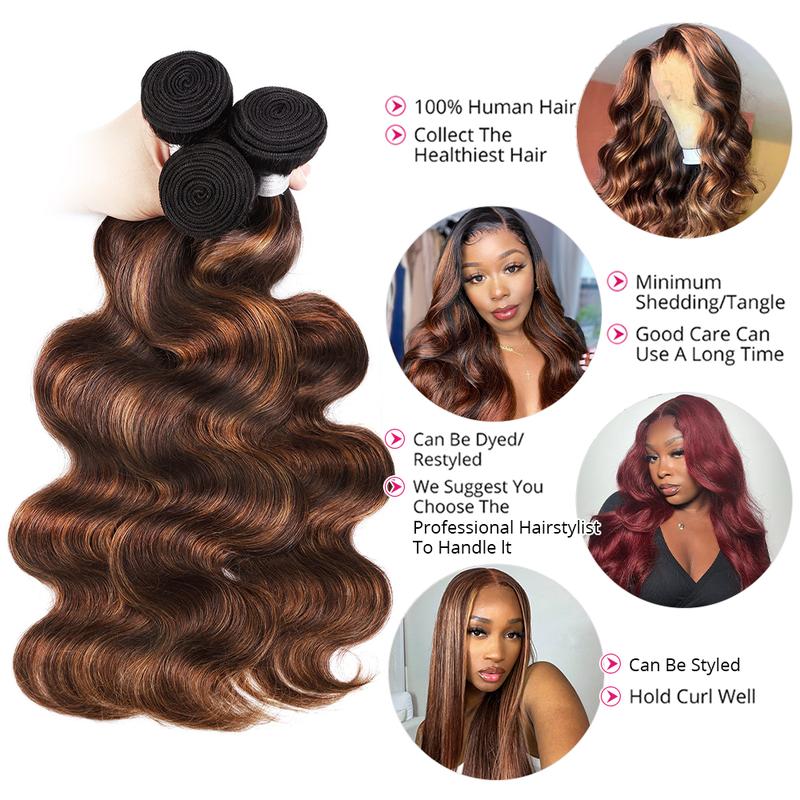 Ombre Brown Highlight Body Wave Human Hair Weave Sew in 1 3 4 Bundles Brazilian Remy Hair Dark Root Blonde Human Hair Weaves Extension Piano Color