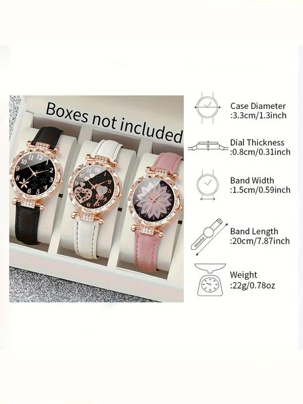 Women's Elegant Rhinestone Decor Quartz Watch Set, Fashion Flower Heart Decor Round Dial Analog Watch for Women & Girls, Trendy All-match Watch for Birthday Gift, without Box