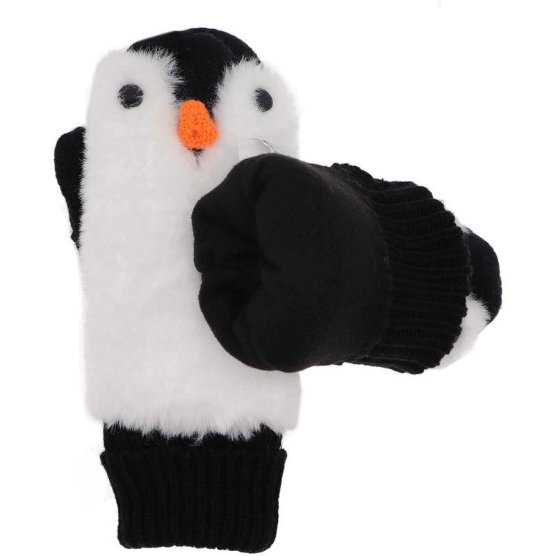 Women Penguin Mitten Gloves Winter Warm Lining Cozy Knit Pluffy Fuzzy Faux Fur Mitten