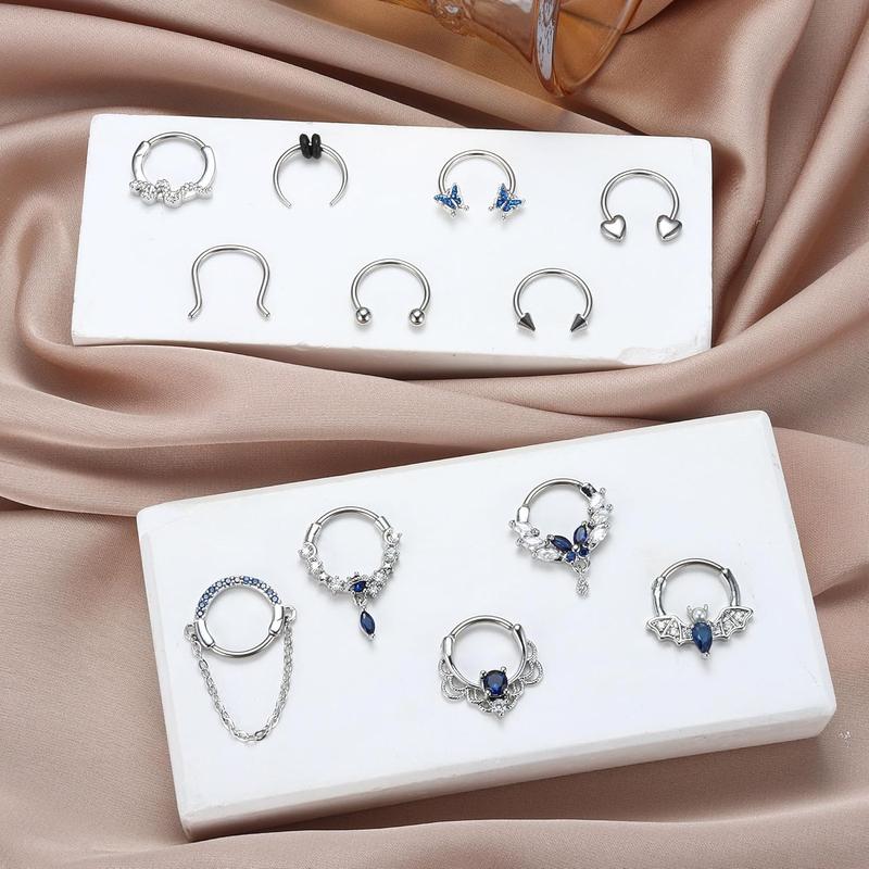 Florideco Surgical Steel Small Septum Jewelry Septum Piercing Jewelry Cute Snake Butterfly Silver Septum Rings Hoop Nose Rings Daith Earrings 10MM