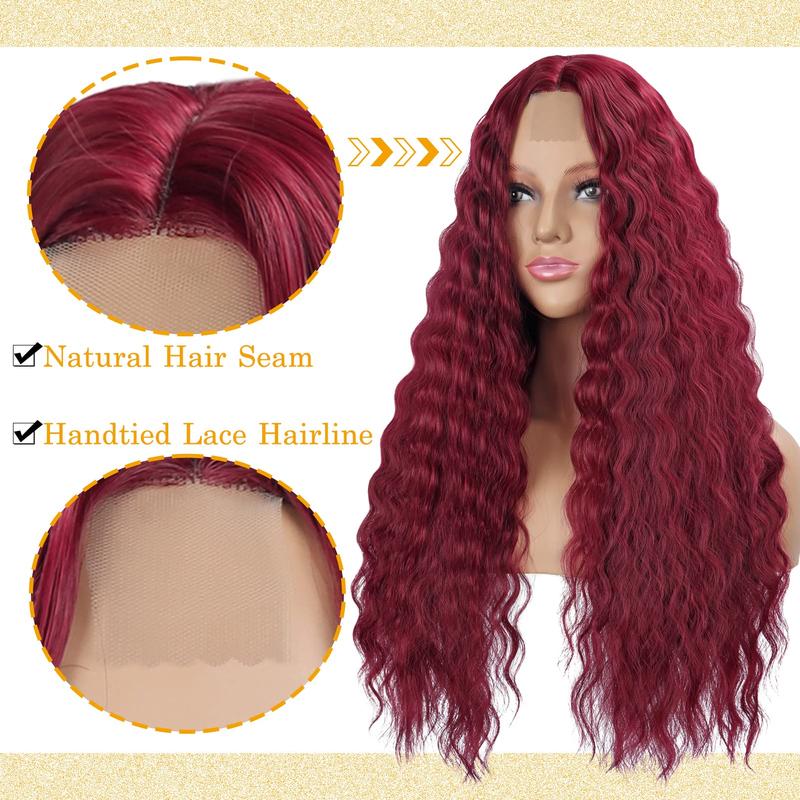 28 Inch Burgundy Deep Wave T-Part Lace Red Wig Synthetic Hair for Women Fake Scalp Natural Crimps Curls Wigs