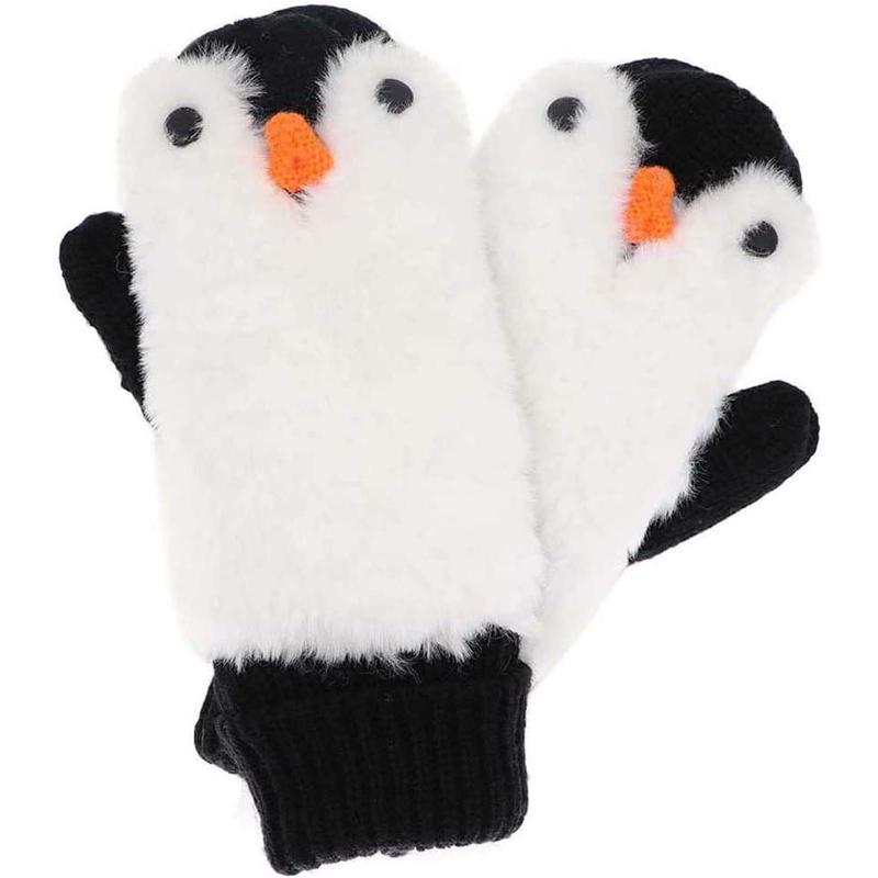 Women Penguin Mitten Gloves Winter Warm Lining Cozy Knit Pluffy Fuzzy Faux Fur Mitten