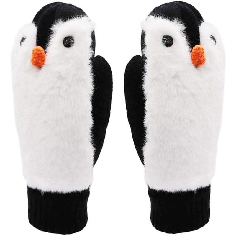 Women Penguin Mitten Gloves Winter Warm Lining Cozy Knit Pluffy Fuzzy Faux Fur Mitten