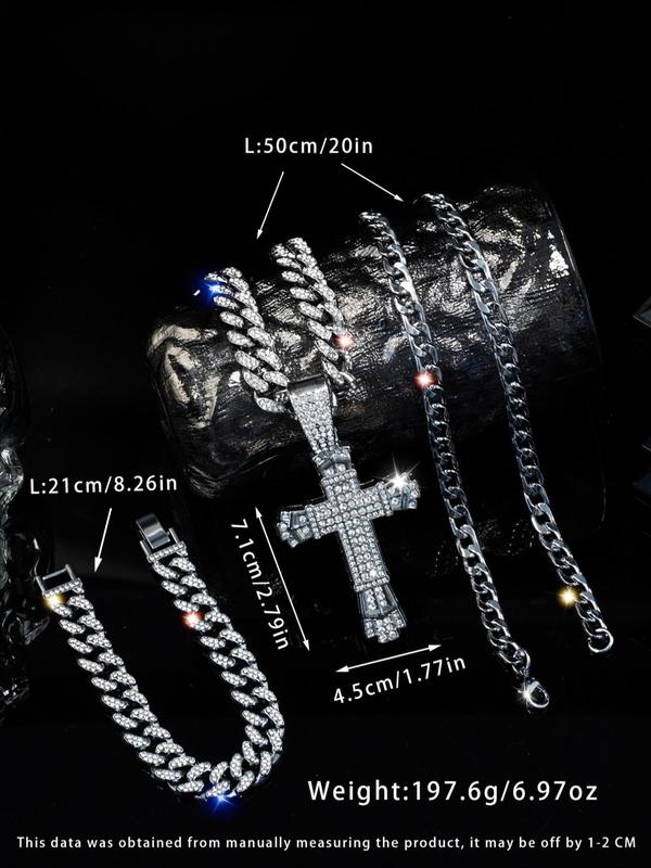 Luxury Rhinestone Cross Pendant Necklace & & Chain Necklace & Bracelet, 3pcs set Chunky Cuban Chain Link Bracelet, Punk Style Jewelry Set for Party, Daily Clothing Decor for Men & Women