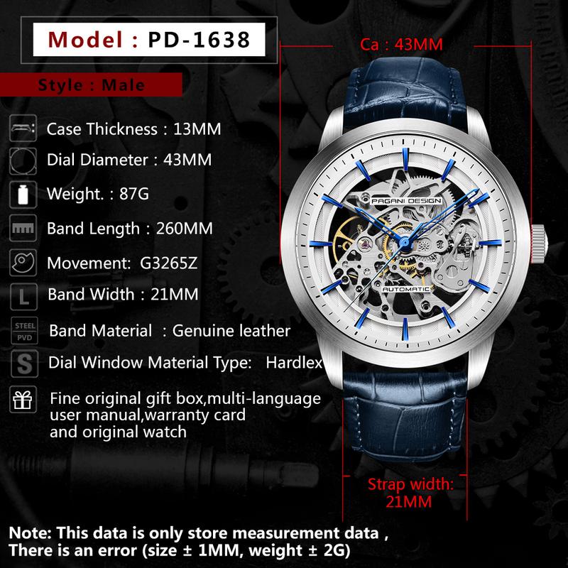 PAGANI DESIGN PD-1638 Skeleton Men's Automatic Watches 43mm Stainless Steel Mechanical Wrist Watches invictaprodiver