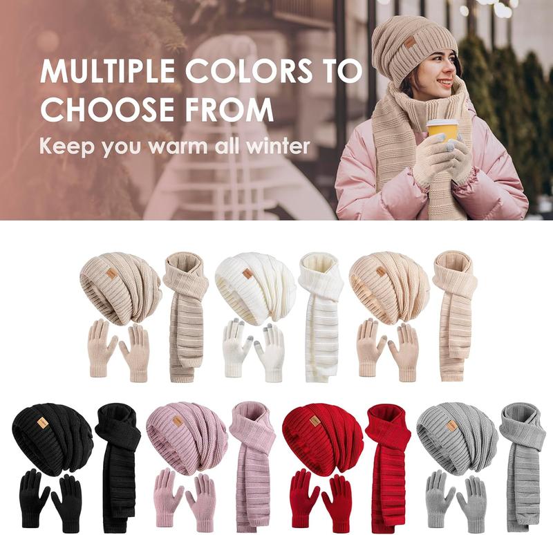 Women Beanie Hat Scarf Gloves Set Fleece Lined Winter Warm Hat Long Knit Scarf Touchscreen Gloves for Cold Weather