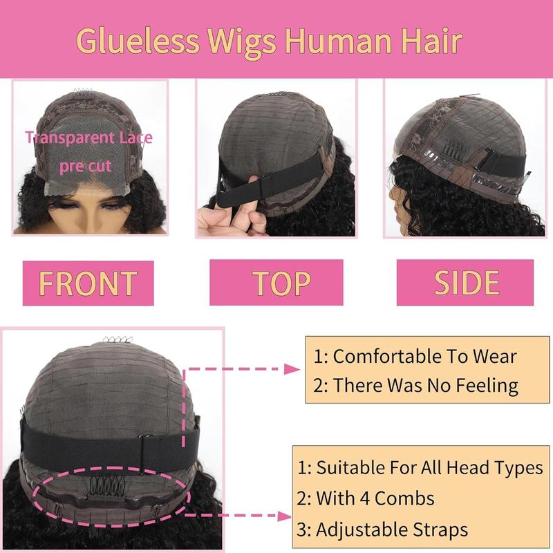 Wear and Go Glueless Wigs Human Hair Pre Plucked Pre Cut 4x4 Hd Lace Closure Wigs Human Hair Kinky Curly Human Hair Wig 200% Density Ready to Wear Glueless Wigs Natural Black