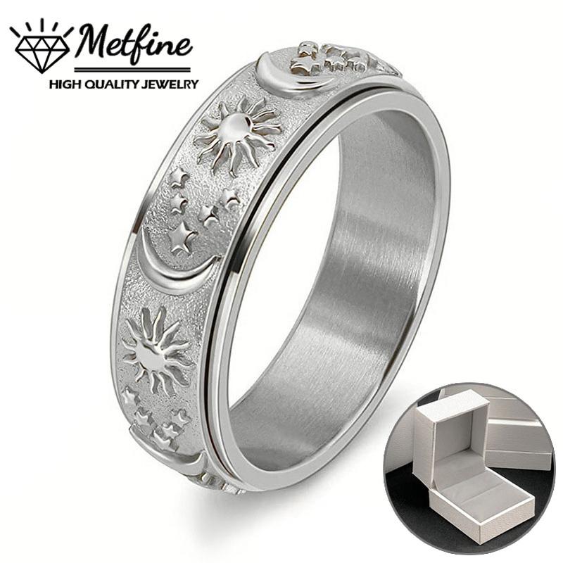 Rotatable Ring Moon Sun Star Ring Stainless Steel Boho Jewelry for Men Women with Gift Box