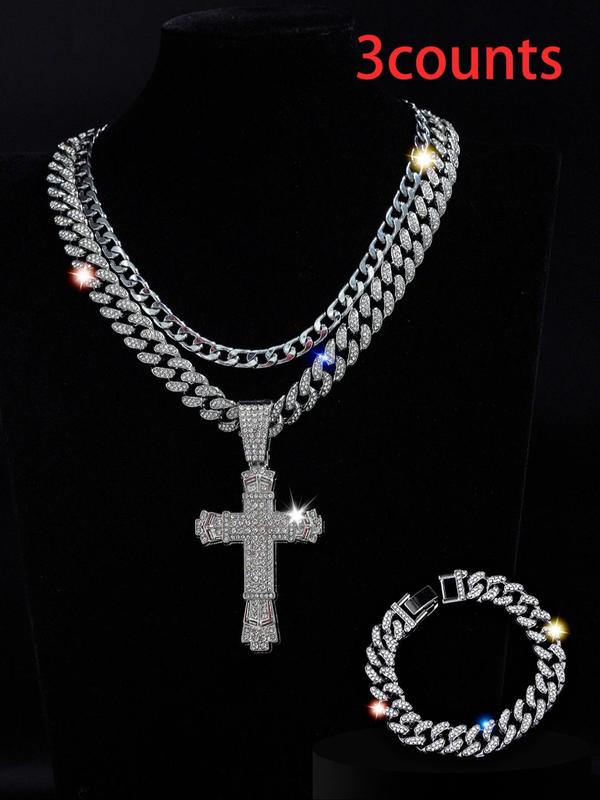 Luxury Rhinestone Cross Pendant Necklace & & Chain Necklace & Bracelet, 3pcs set Chunky Cuban Chain Link Bracelet, Punk Style Jewelry Set for Party, Daily Clothing Decor for Men & Women