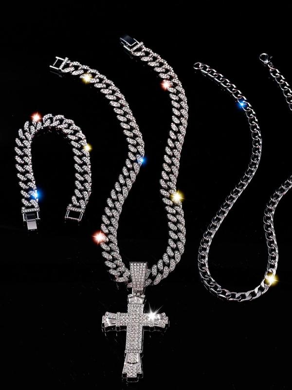 Luxury Rhinestone Cross Pendant Necklace & & Chain Necklace & Bracelet, 3pcs set Chunky Cuban Chain Link Bracelet, Punk Style Jewelry Set for Party, Daily Clothing Decor for Men & Women