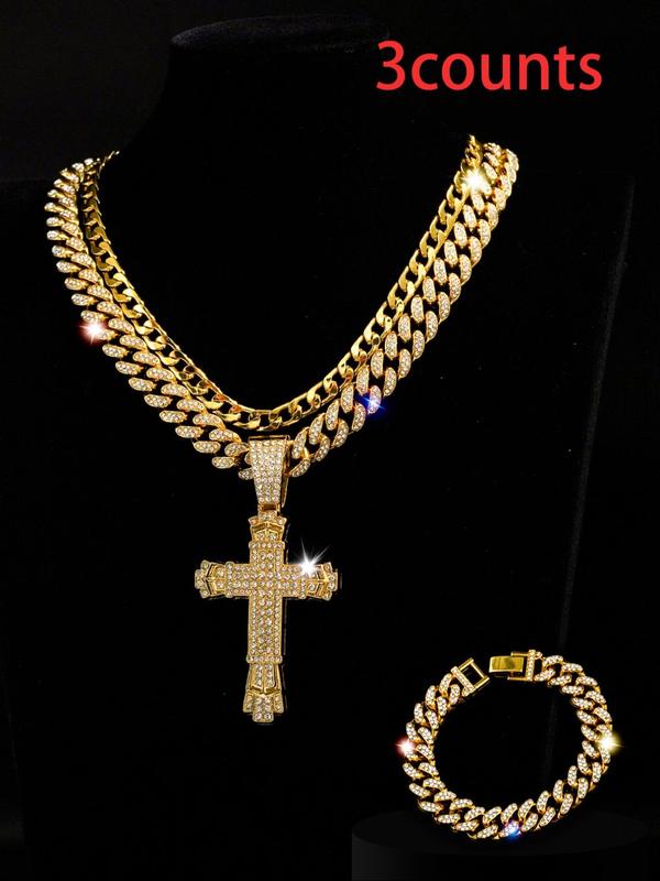 Luxury Rhinestone Cross Pendant Necklace & & Chain Necklace & Bracelet, 3pcs set Chunky Cuban Chain Link Bracelet, Punk Style Jewelry Set for Party, Daily Clothing Decor for Men & Women