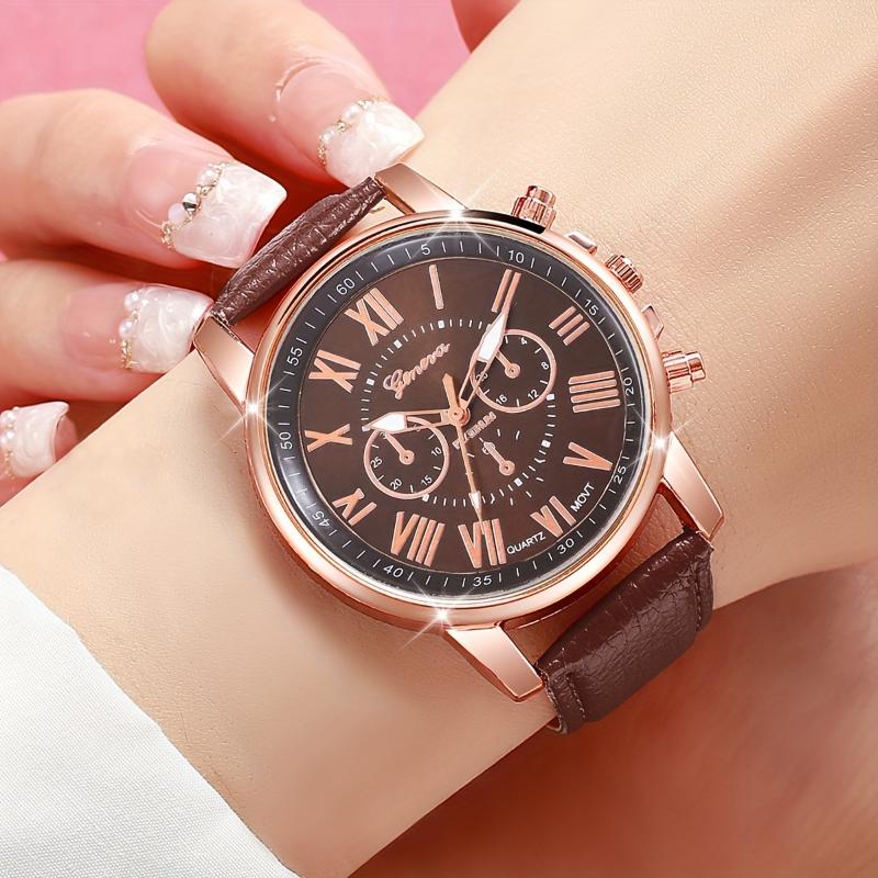 Chic 7pcs Women's Quartz Watch Set - Casual Fashion, Faux Leather Straps, Alloy Cases (Box Not Included)