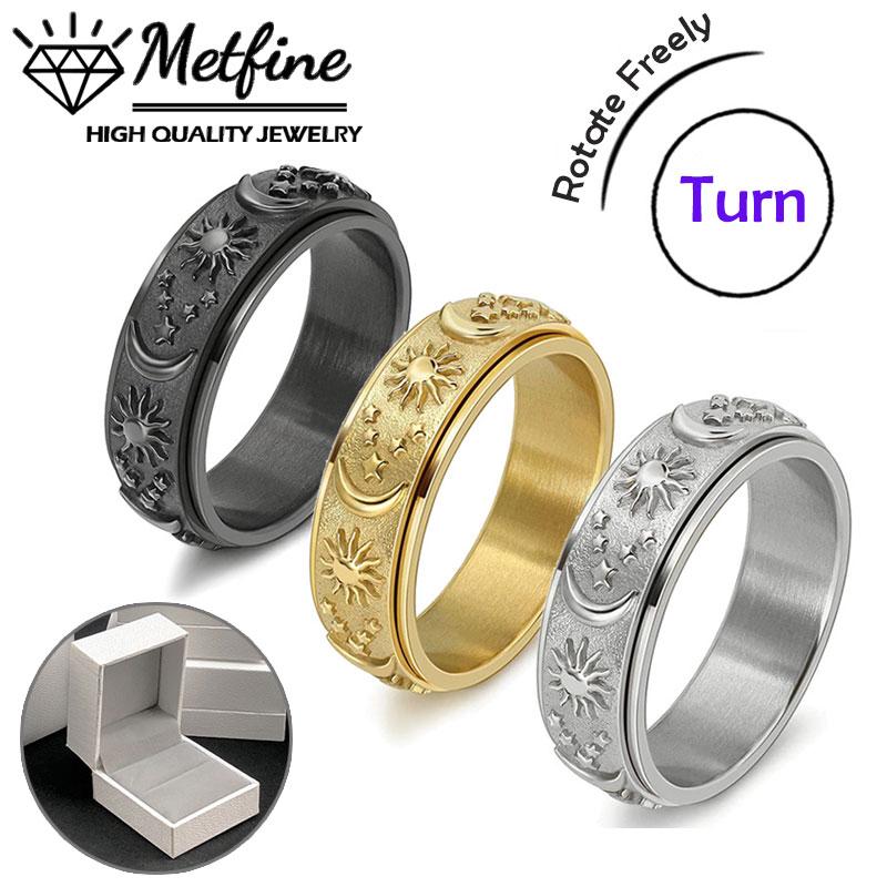 Rotatable Ring Moon Sun Star Ring Stainless Steel Boho Jewelry for Men Women with Gift Box