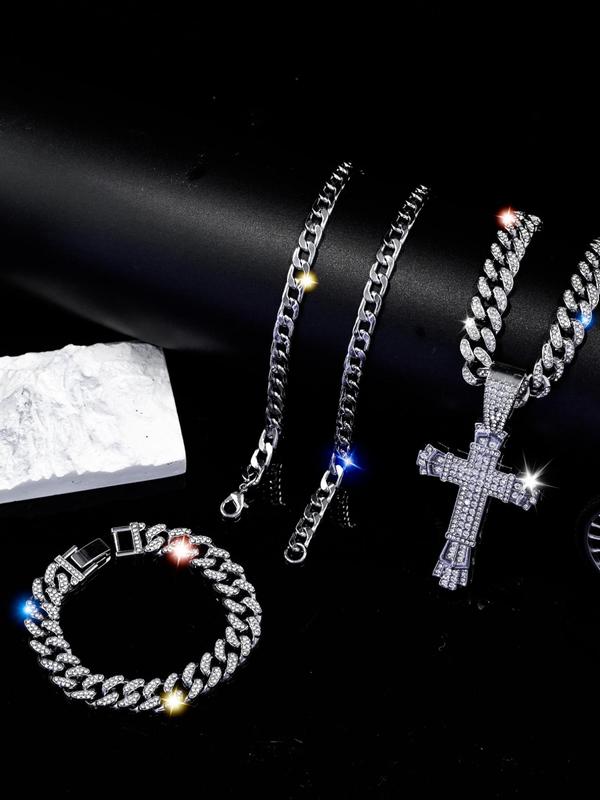 Luxury Rhinestone Cross Pendant Necklace & & Chain Necklace & Bracelet, 3pcs set Chunky Cuban Chain Link Bracelet, Punk Style Jewelry Set for Party, Daily Clothing Decor for Men & Women