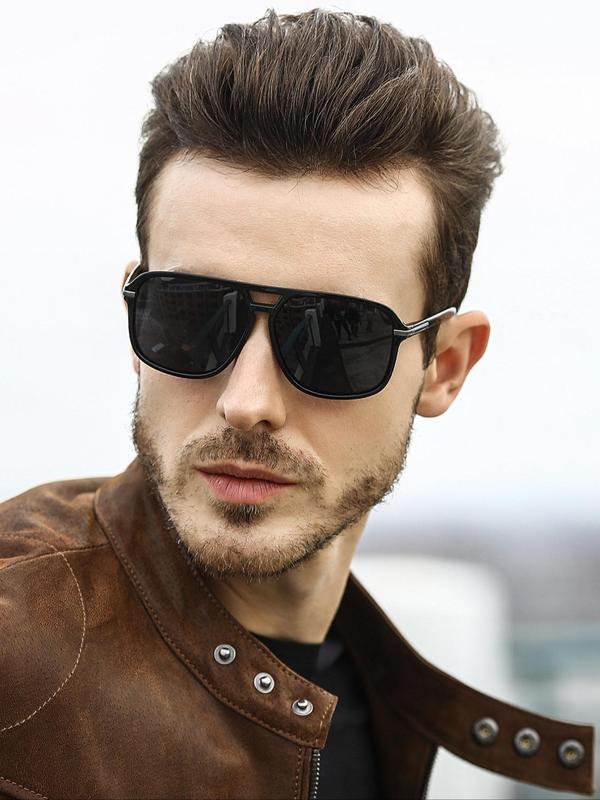 Men's Business Double Bridge Square Frame Sunglasses, Vintage Trendy Sunglasses for Everyday Use, Fashion Accessories for Outdoor Activities