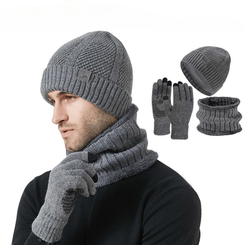 3pcs Winter Warmth Set for Men - Thickened No-Brim Beanie, Scarf, and Gloves - Blend Knit Hat, Neck Warmer, and Touchscreen Gloves - Ideal for Outdoor Activities, Cycling, Skiing, Camping, Running - Machine Washable - Black