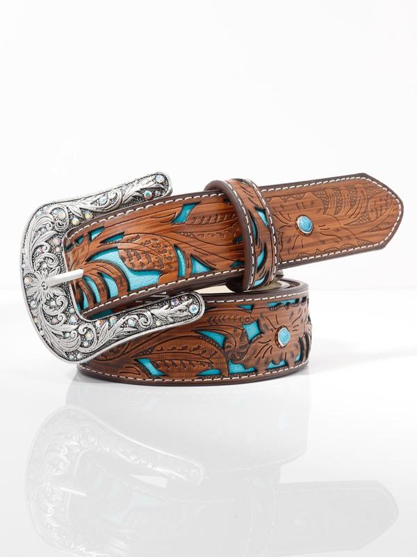 Vintage Floral Hollow out Design PU Leather Buckle Belt, Retro Western Cowboy Clothes Decorative Belt for Women, Casual Waist Belt for Jeans Decor