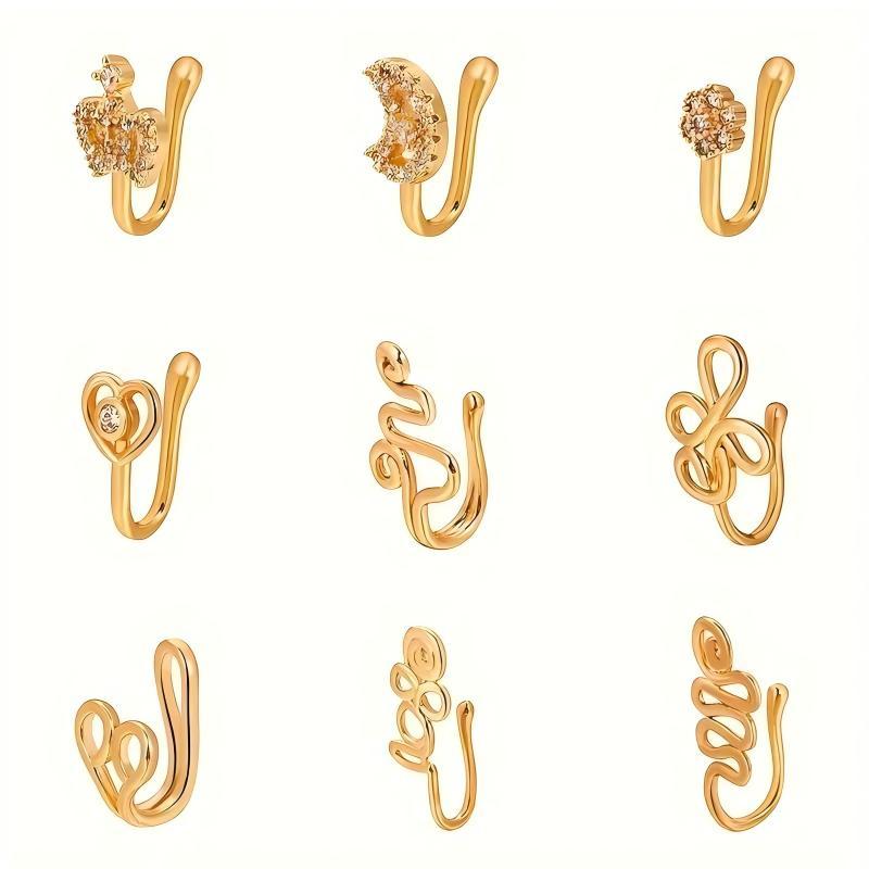 9pcs Nose Ring Jewelry Shape Nose Ring  Copper Non Piercing Nose Rings, U Shape Star Love Crown Nose Clip with Zirconia shape nose nose ring nose ring Punk Rhinestone Clip-On Gold gold  nose protection bracelet cross  septum