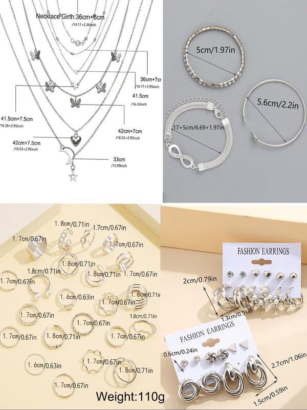 Women's Elegant Jewelry Set, 53pcs Exquisite Jewelry without Box, Including Faux Pearl & Rhinestone Earrings, Tennis Bracelet & Infinity Symbol Chain & Heart Open Bangle Bracelet, Braided Ring, Open Ring, Butterfly & Star & Moon Necklace, Perfect As Gift