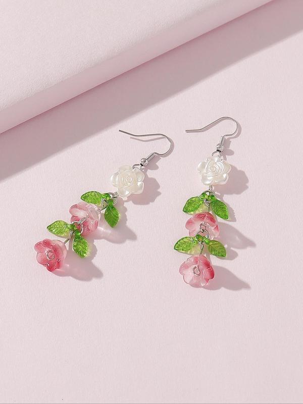 Women's Elegant Flower & Leaf Design Dangle Earrings, 1 Pair Trendy Cute Dangle Earrings, Chic Sweet Jewelry As Gift for Girlfriend