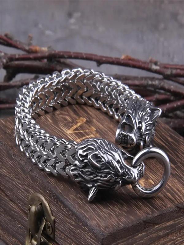 Vintage Wolf Head Design Bracelet, Punk Style Stainless Steel Jewelry for Men, Trendy All-match & Exquisite Jewelry for Birthday Gift