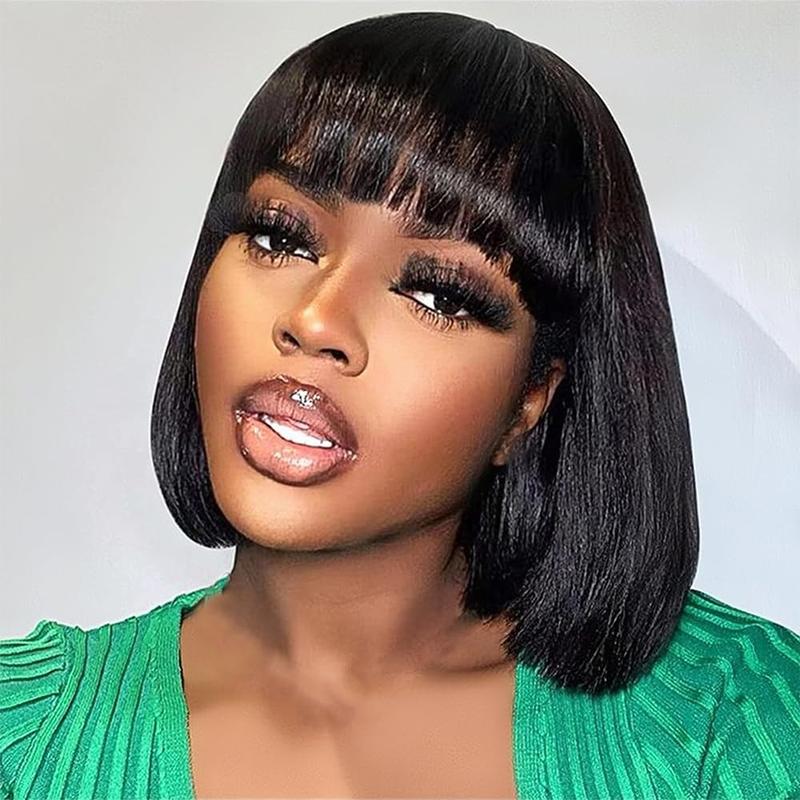 Bob Wig With Bangs Human Hair Straight Natural Black 10Inch 12Inch 14Inch Brazilian Virgin Human Hair Wigs With Bangs No Lace Front Wig 150% Density