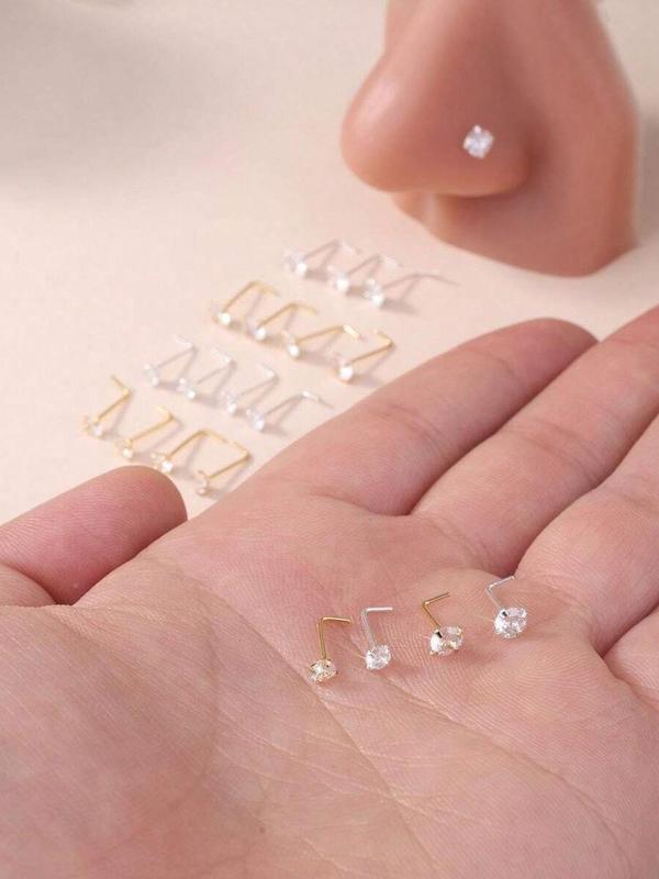 Elegant Women's Nose Ring Set, Simple Style Rhinestone Decor Nose Ring, L-shaped Studs for Daily Wear & Gift