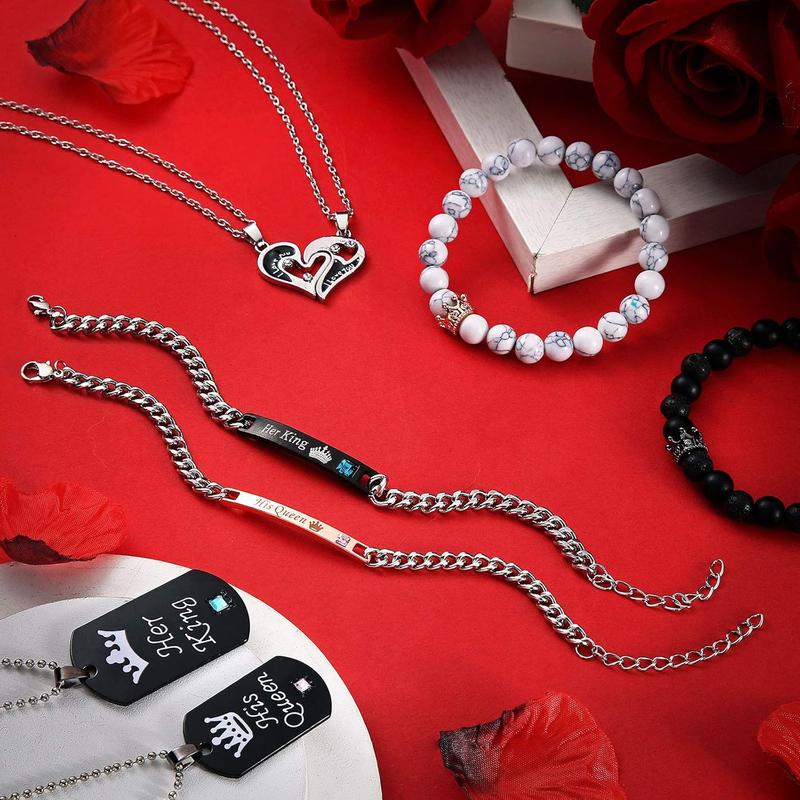 8 Pcs Couples Necklace Bracelet Matching Ong Distance Touch Necklace Her King His Queen I Love You Necklaces Jewelry Set for Bf Gf Women Men Wedding Bridal Gift