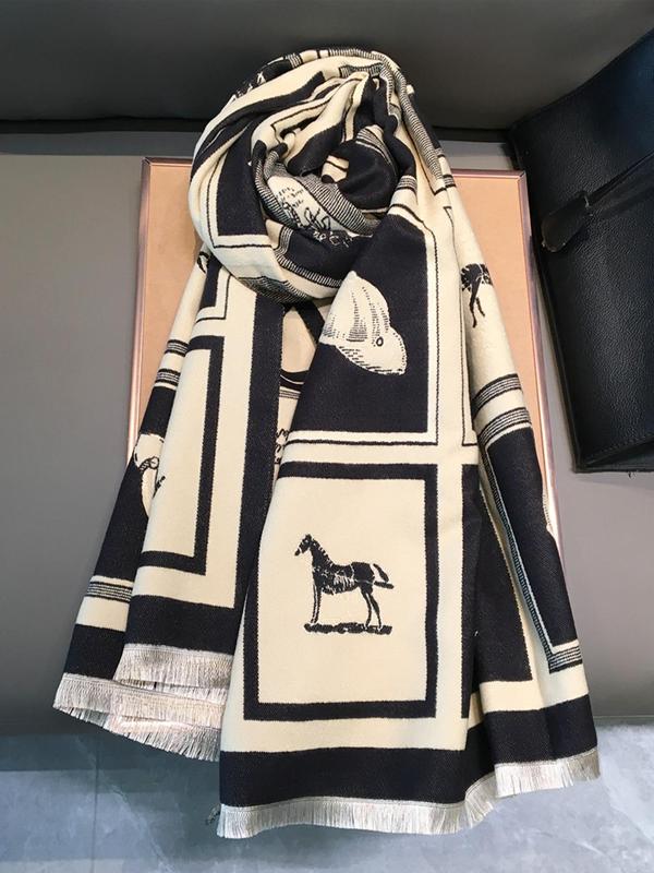 Horse Pattern Tassel Decor Scarf, Casual Soft Warm Shawl for Fall & Winter, Fashion Accessories for Women & Girls