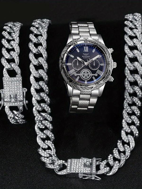 Men's Business Rhinestone Decorated Quartz Watch & Chain Bracelet & Necklace, Fashion Watch Set for Party, Daily Clothing Decor, Trendy All-match & Exquisite Watch Set for Gift