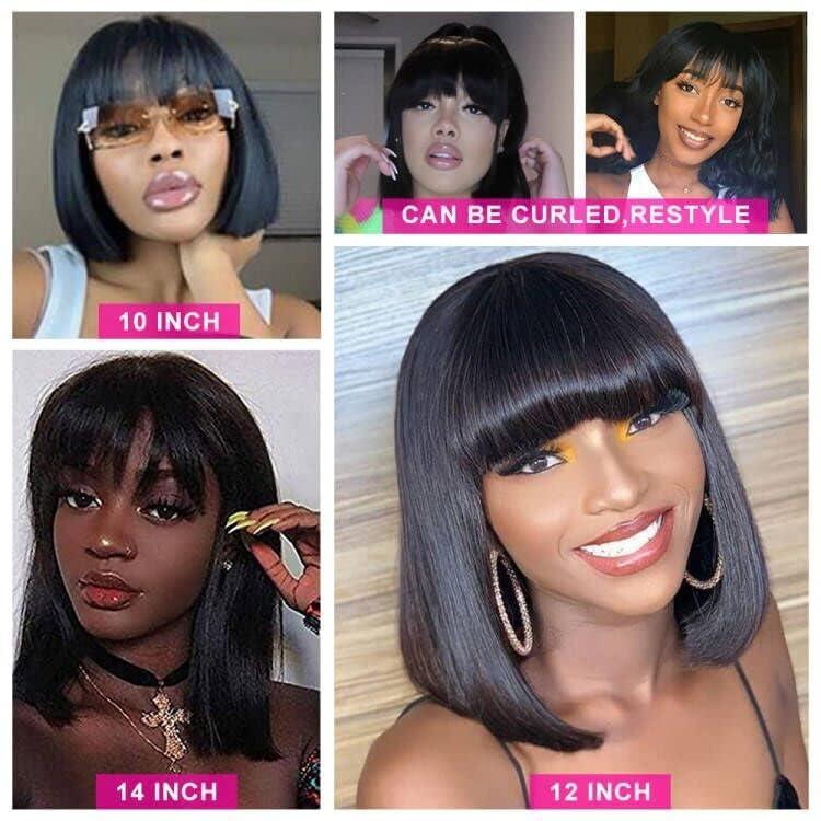 Bob Wig With Bangs Human Hair Straight Natural Black 10Inch 12Inch 14Inch Brazilian Virgin Human Hair Wigs With Bangs No Lace Front Wig 150% Density