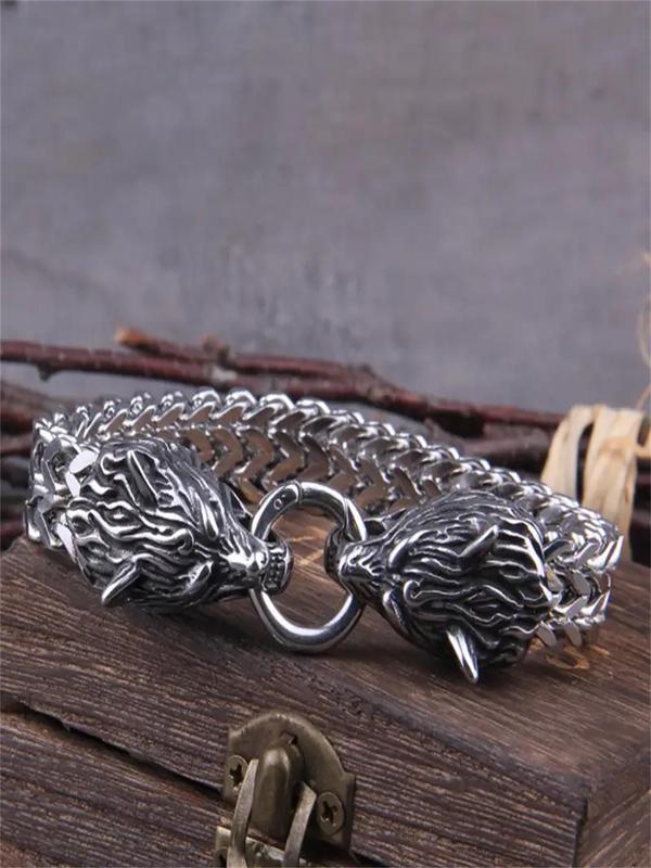 Vintage Wolf Head Design Bracelet, Punk Style Stainless Steel Jewelry for Men, Trendy All-match & Exquisite Jewelry for Birthday Gift