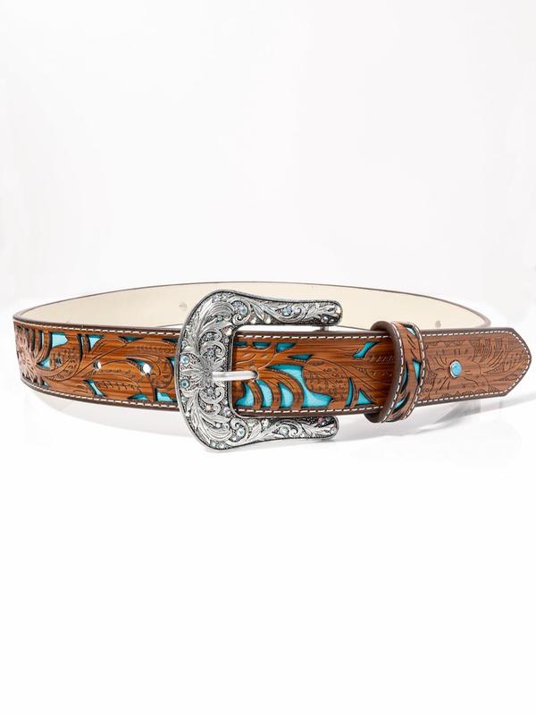 Vintage Floral Hollow out Design PU Leather Buckle Belt, Retro Western Cowboy Clothes Decorative Belt for Women, Casual Waist Belt for Jeans Decor