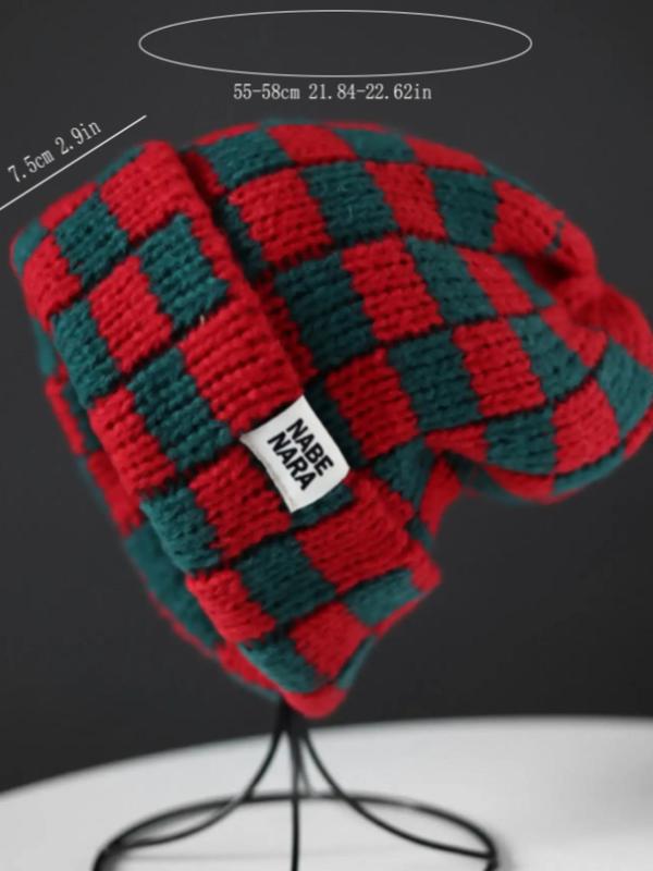 Fashionable Patched Checkerboard Pattern Beanie, New Trendy Fitted Cool Hats for Men & Women, Casual Warm Knit Hat for Fall & Winter, Top Tier Beanie, Fashion Accessories