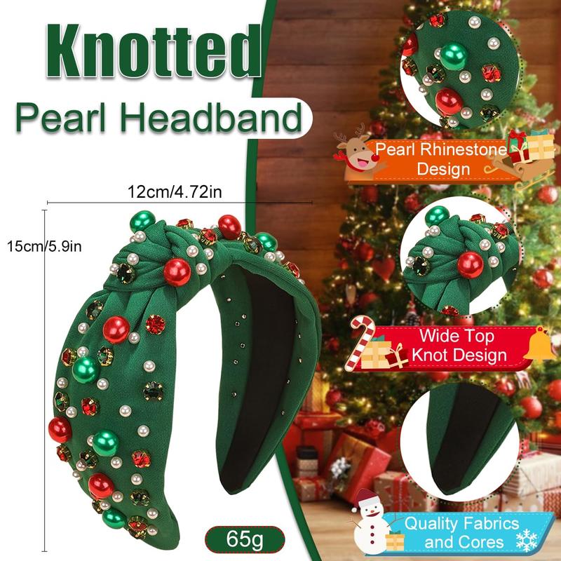 Christmas Headband for Women Pearl Knotted Headband Xmas Red Green Pearl Rhinestone Crystal Jeweled Hairband Fashion Elegant Ladies Wide Top Knot Hair Bands Headpiece Holiday Outfits Gifts