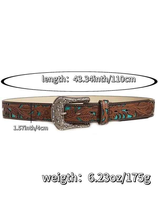 Women's Boho Style Rhinestone Decorated Leaf Print Embossed Western Belt, 2024 Vintage Trendy Western Belt for Cowgirl & Cowboy, Cool Female Male Daily Wear