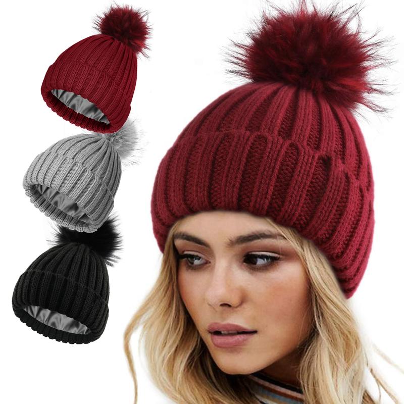 SeSe Code Women's Winter Knitted Beanie Hat with Satin Lining and Faux Fur Pom Pom Warm Skull Cap