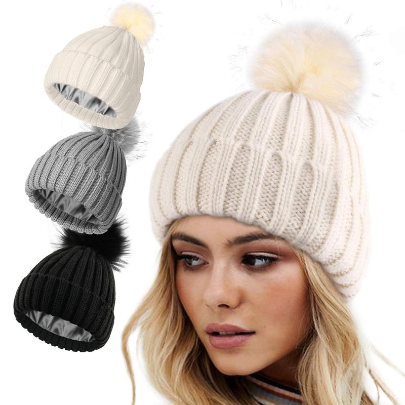 SeSe Code Women's Winter Knitted Beanie Hat with Satin Lining and Faux Fur Pom Pom Warm Skull Cap