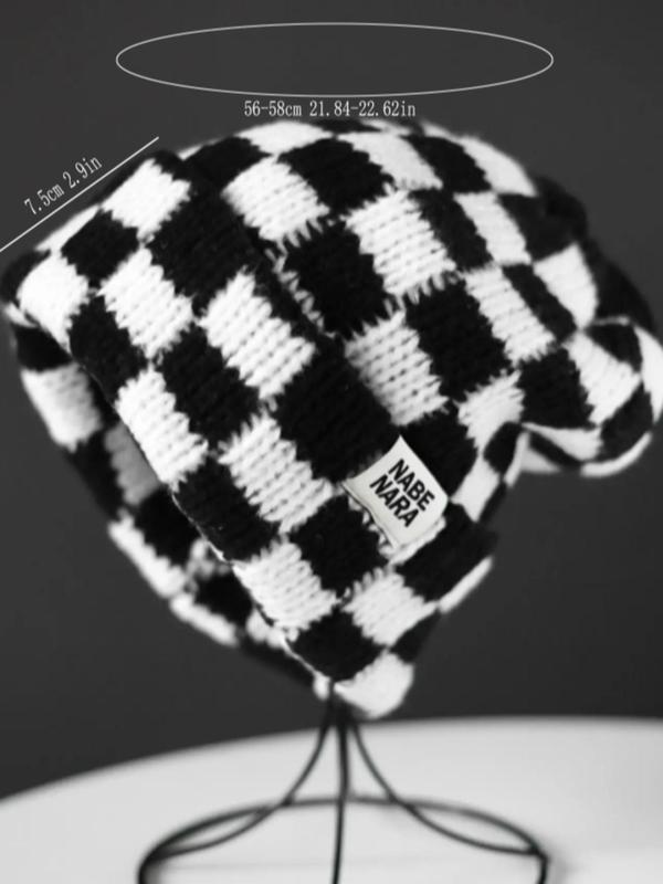 Fashionable Patched Checkerboard Pattern Beanie, New Trendy Fitted Cool Hats for Men & Women, Casual Warm Knit Hat for Fall & Winter, Top Tier Beanie, Fashion Accessories