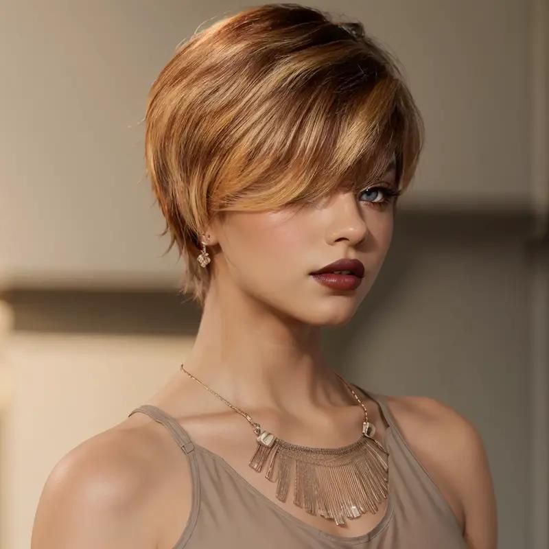 Honey Blonde Wig Short Pixie Cut Wig Human Hair For Women Full Machine Made Wigs With Bangs 6 inch P4 27 Straight Glueless Wig Human Hair Wigs 150%