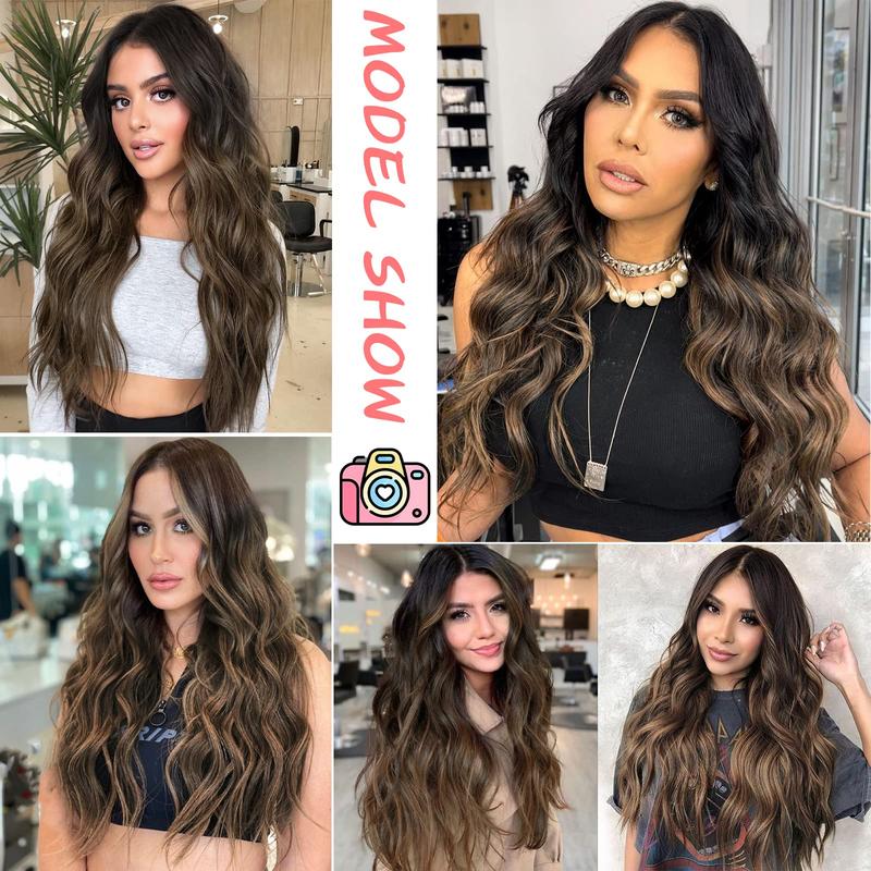 AISI HAIR Long Ombre Brown Wavy Wigs for Women Brown Curly Wig Middle Part Hair Replacement Wigs Synthetic Heat Resistant Fibers for Daily Use