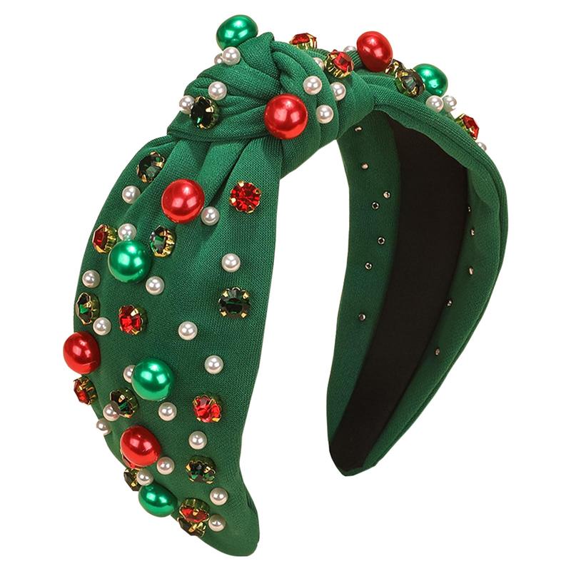 Christmas Headband for Women Pearl Knotted Headband Xmas Red Green Pearl Rhinestone Crystal Jeweled Hairband Fashion Elegant Ladies Wide Top Knot Hair Bands Headpiece Holiday Outfits Gifts