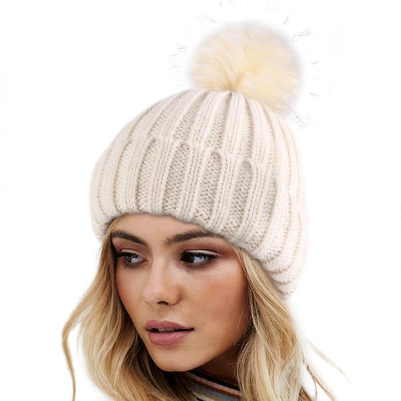 SeSe Code Women's Winter Knitted Beanie Hat with Satin Lining and Faux Fur Pom Pom Warm Skull Cap